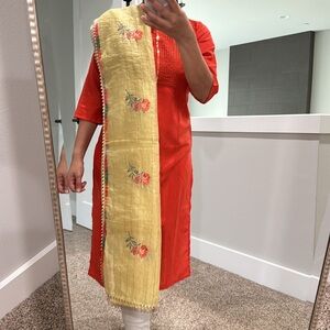 2 piece set orange kurta top with dupatta